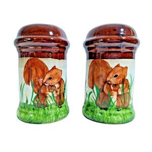 Squirrel Acorn Large Salt & Pepper Shakers Hand Painted Pottery 4.25-in Handles